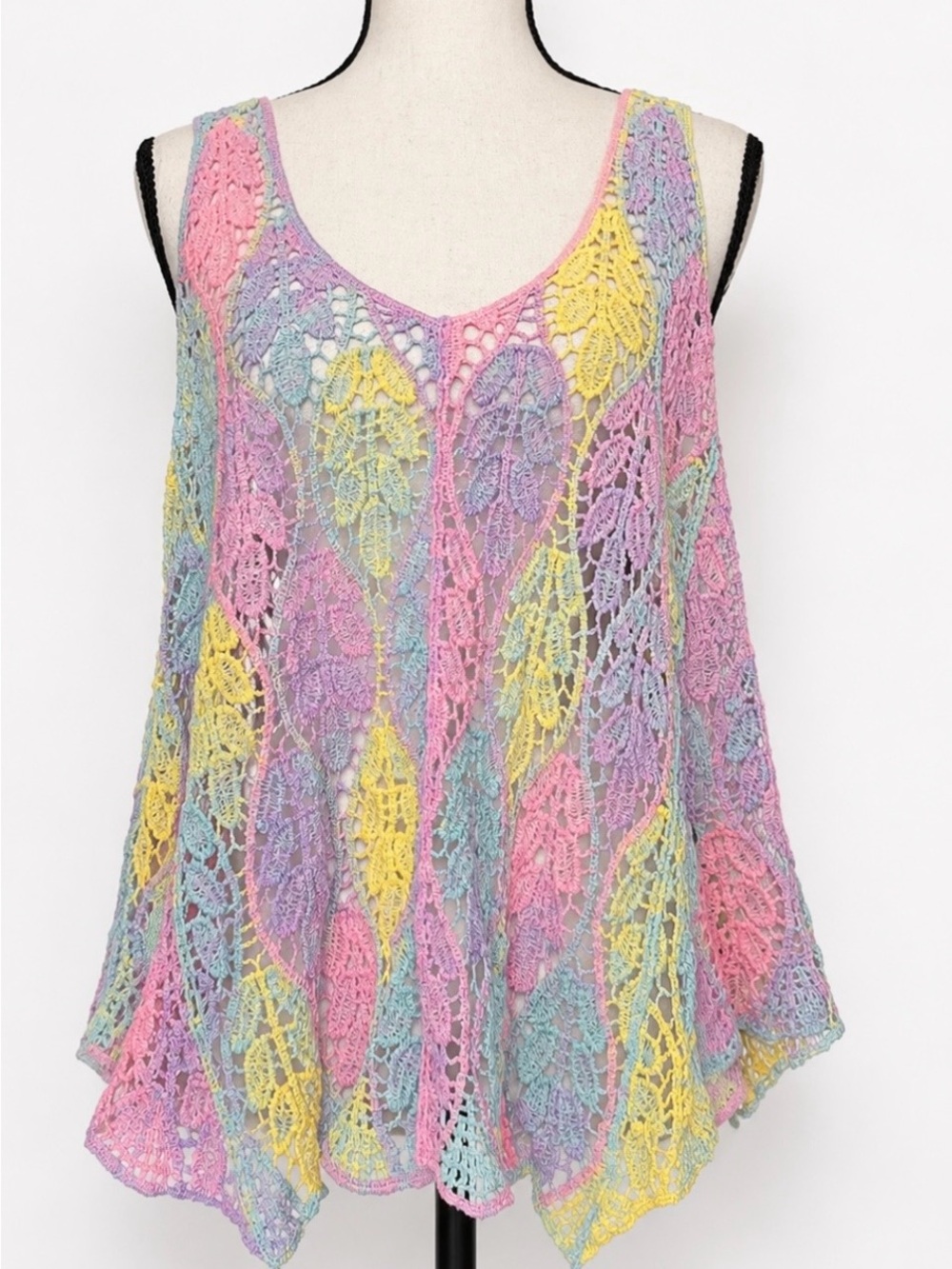 Pastel Rainbow Crochet Lace Tunic Too Boho Leaf Knit TankFestival Fairycore